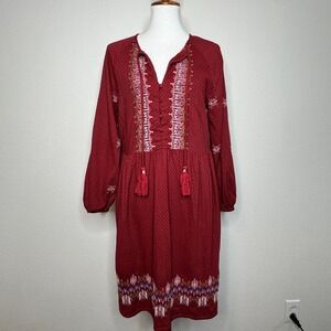 KNOX ROSE Midi Boho Dress Long Sleeves LG Red Embroidered Peasant Cottage Core